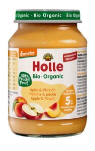 JABŁKO - BRZOSKWINIA BEZ DODATKU CUKRÓW BEZGLUTENOWE OD 5 MIESIĄCA DEMETER BIO 190 g (SŁOIK) - HOLLE