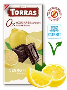 CZEKOLADA GORZKA Z CYTRYNĄ BEZ DODATKU CUKRÓW BEZGLUTENOWA 75 g - TORRAS