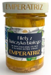 TUŃCZYK BIAŁY FILETY MSC W BIO OLIWIE Z OLIWEK EXTRA VIRGIN 180 g (SŁOIK) - EMPERATRIZ