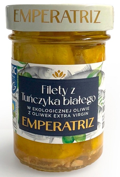 TUŃCZYK BIAŁY FILETY MSC W BIO OLIWIE Z OLIWEK EXTRA VIRGIN 180 g (SŁOIK) - EMPERATRIZ
