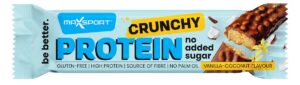 BATON PROTEINOWY CRUNCHY O SMAKU KOKOSA I WANILII W CZEKOLADZIE MLECZNEJ BEZ DODATKU CUKRÓW BEZGLUTENOWY 40 g - MAXSPORT