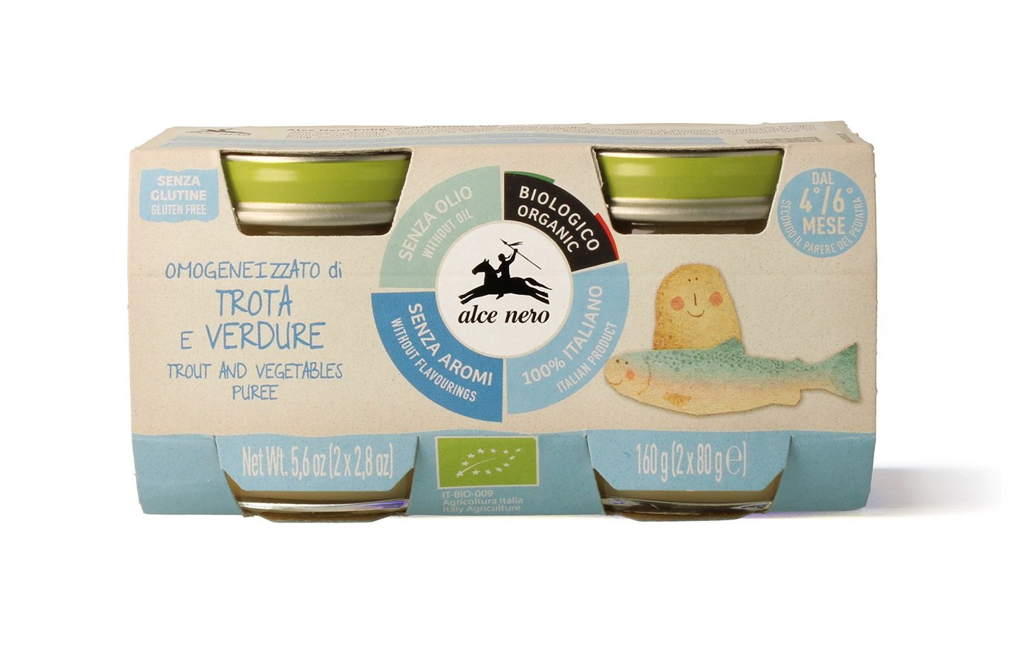 PSTRĄG Z WARZYWAMI BEZGLUTENOWY OD 4 MIESIĄCA BIO (2 x 80 g) 160 g - ALCE NERO