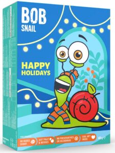ZESTAW ŚWIĄTECZNY - PRZEKĄSKI OWOCOWE Z ZABAWKĄ I NAKLEJKĄ BEZ DODATKU CUKRÓW BEZGLUTENOWE 140 g - BOB SNAIL (PRODUKT SEZONOWY)